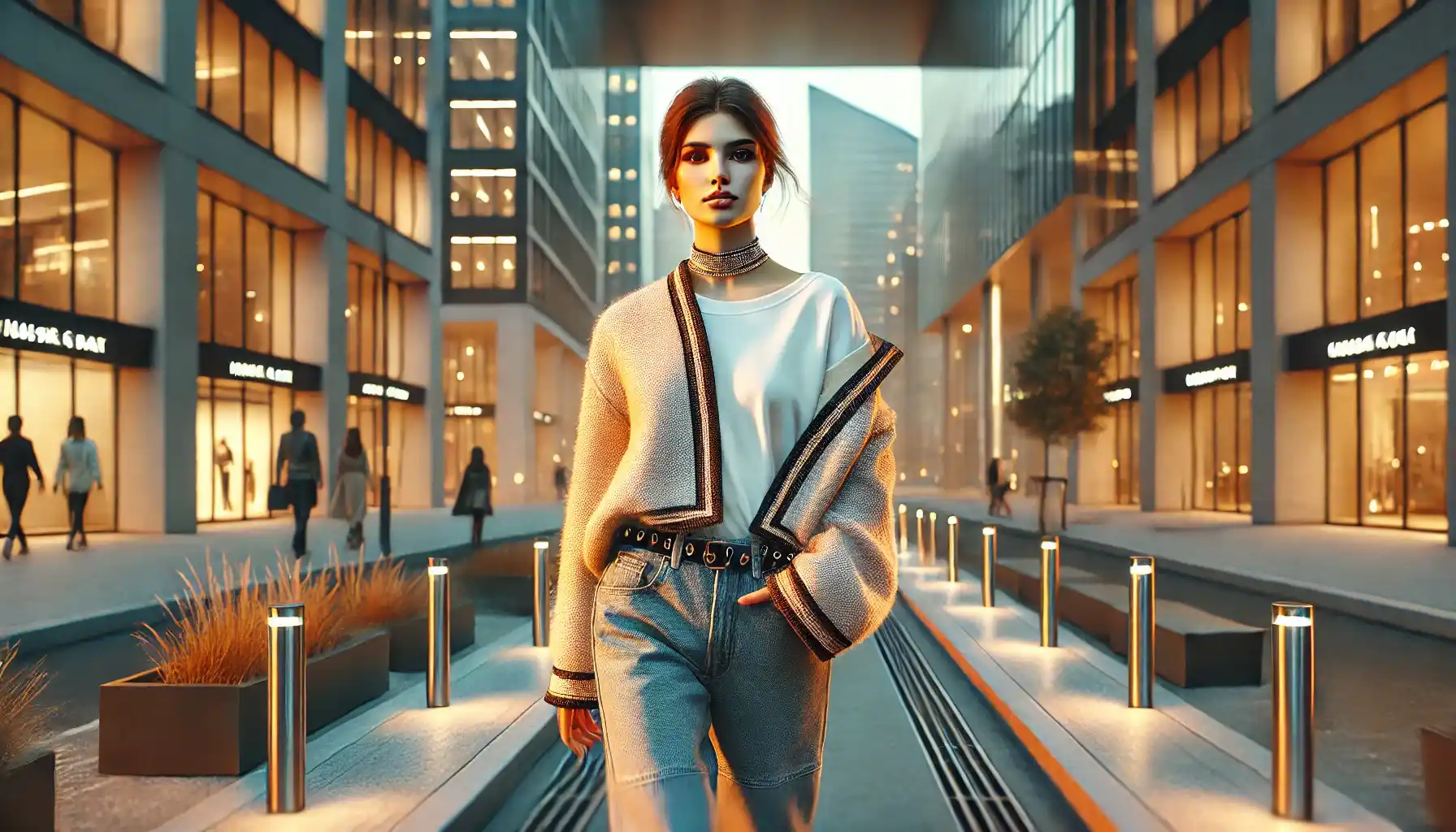 A stylish young woman with bright accessories is walking confidently through a quiet urban street.