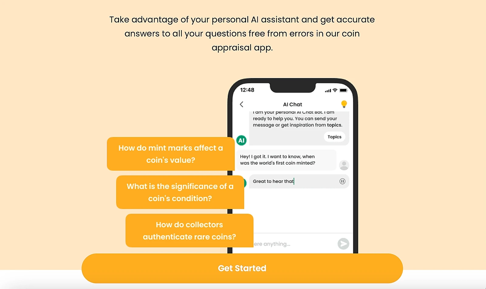 A screenshot demonstrating possibilities of an AI Coin ID Scanner assistant.