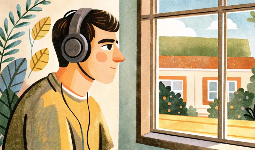 a guy with big headphones is looking out the window