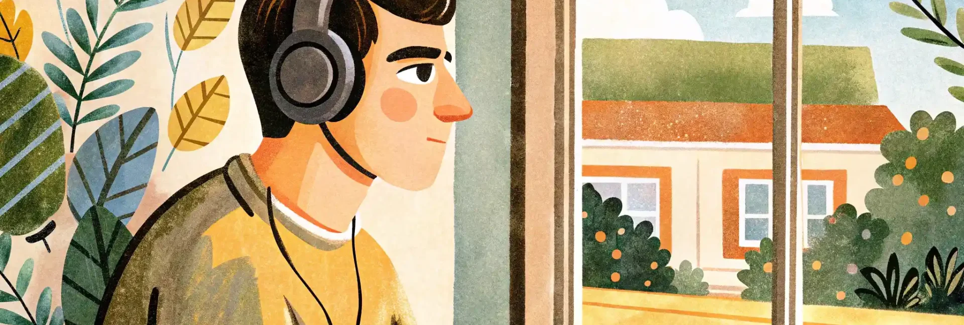 a guy with big headphones is looking out the window