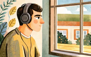 a guy with big headphones is looking out the window