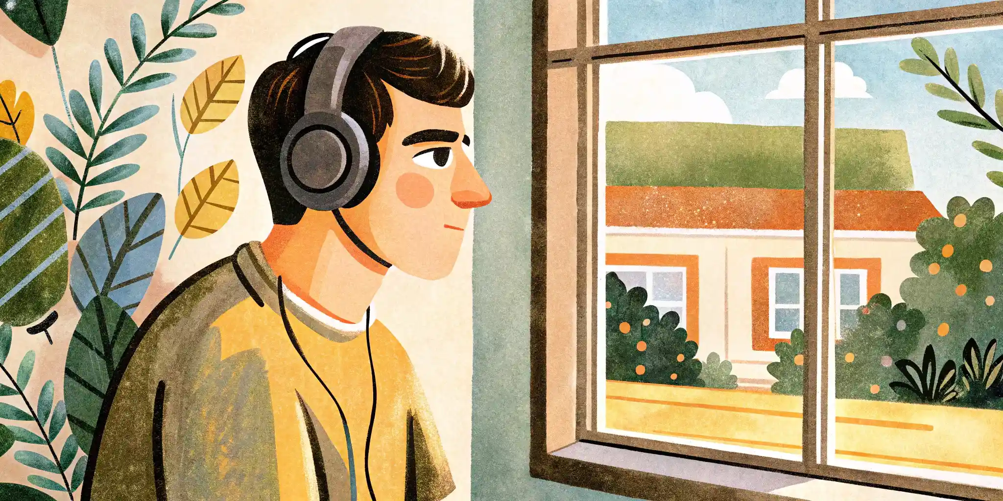 a guy with big headphones is looking out the window