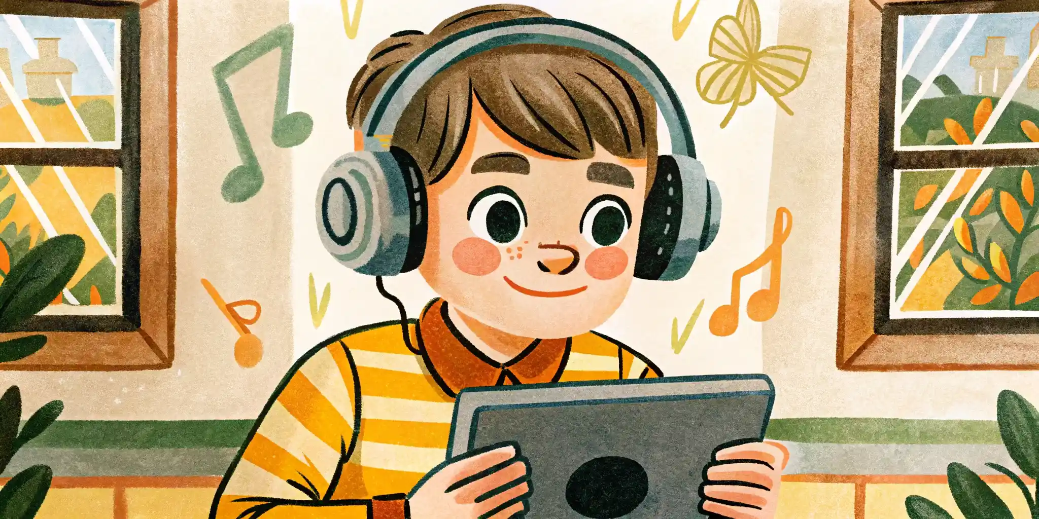 A boy in big headphones is playing on a tablet