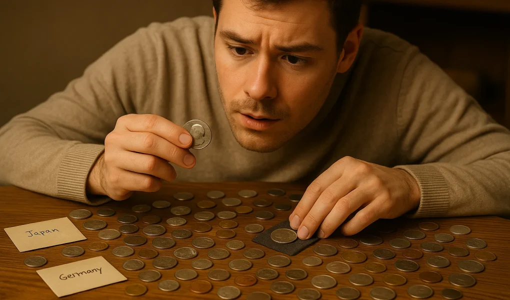 A collector inspects the details of a world coin, focusing on relief, texture, and design to support accurate identification.
