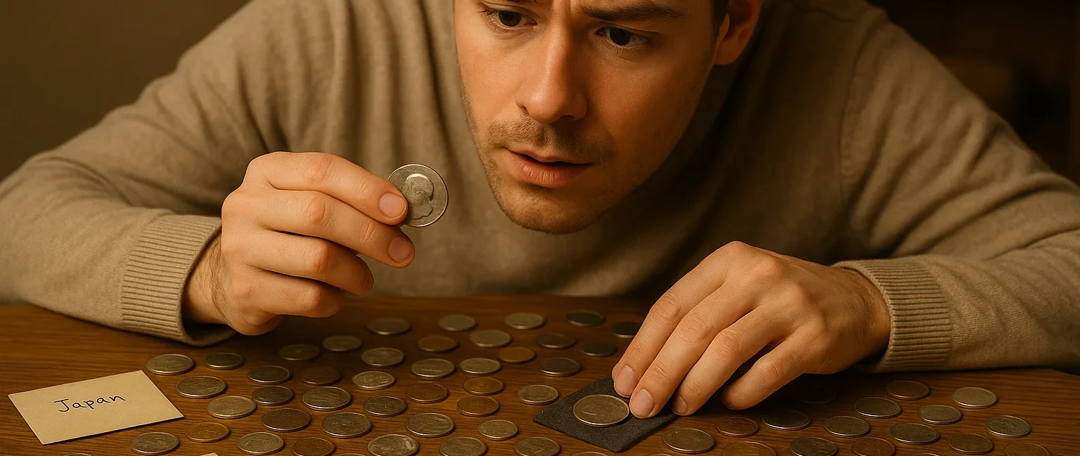 A collector inspects the details of a world coin, focusing on relief, texture, and design to support accurate identification.