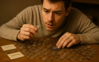 A collector inspects the details of a world coin, focusing on relief, texture, and design to support accurate identification.