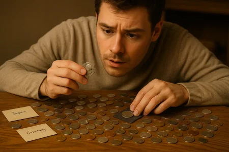 A collector inspects the details of a world coin, focusing on relief, texture, and design to support accurate identification.