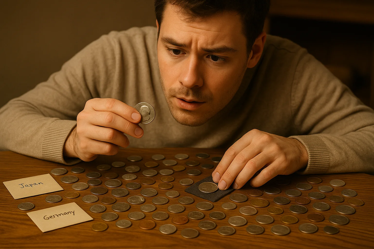 A collector inspects the details of a world coin, focusing on relief, texture, and design to support accurate identification.