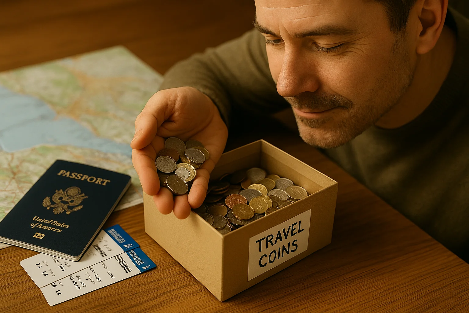 A beginner examines a handful of foreign coins taken from a box labelled “Travel Coins,” reflecting how many world collections begin with simple travel change.