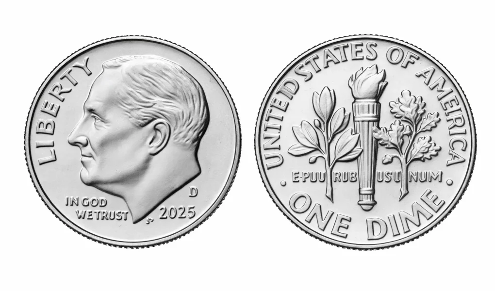 Obverse and reverse of a 2025 Roosevelt dime.