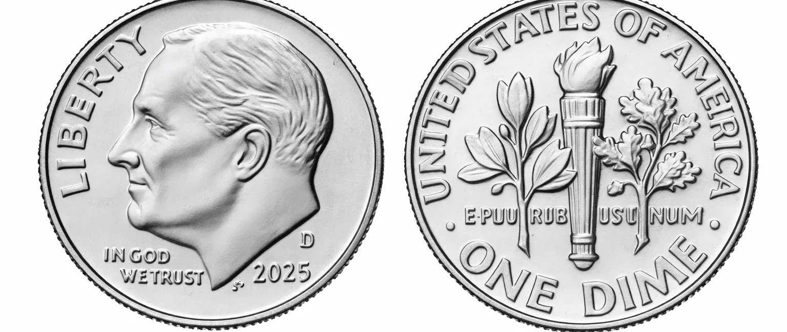 Obverse and reverse of a 2025 Roosevelt dime.