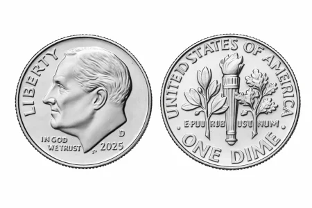 Obverse and reverse of a 2025 Roosevelt dime.